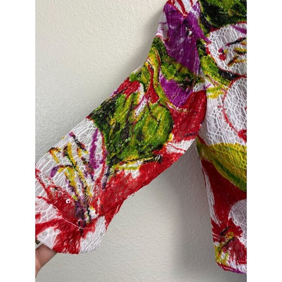 Joseph Ribkoff Floral Top Blazer Set size 12 Lace Lightweight Red Green Full Zip - Picture 14 of 16